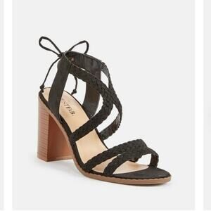 JustFab Brenda Braided Strappy Open-Toe Gladiator Block Heel Sandal Black 7.5